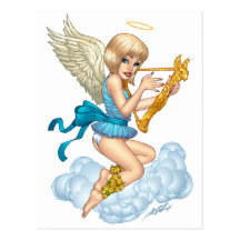 Angel with Halo and Golden Harp by Al Rio Postcards