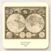 Antique 1660 World Map by Frederick de Wit Beverage Coaster