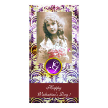 ANTIQUE PURPLE DAMASK Amethyst Monogram red Personalised Photo Card