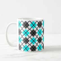 Aqua, Black, Grey on White Argyle Print Mug