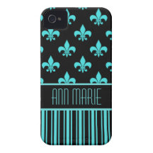 aqua black stripes and fleur de lis  personalise iPhone 4 case