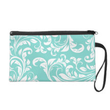 Aqua Blue and White Damask Wristlet Purses