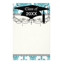 aqua blue and white swirl damask  graduation customized stationery