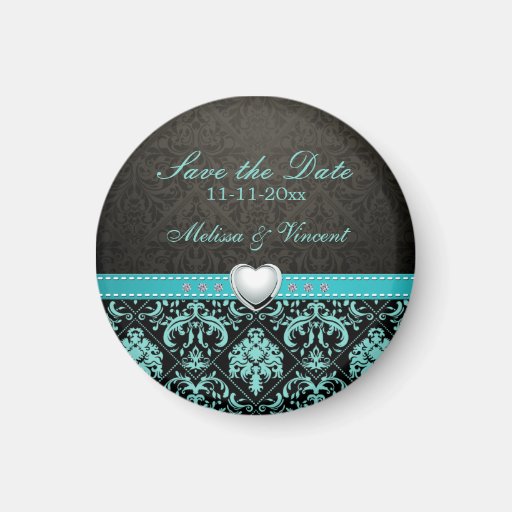 Aqua Blue / Black Damask Wedding Save the Date Fridge Magnet