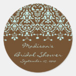 Aqua Blue & Brown Damask Bride Shower Sticker
