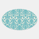 Aqua blue damask oval shaped sticker