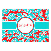 Aqua Blue, Red, White Damask RSVP Card Personalised Invites