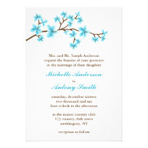 Aqua Cherry Blossoms Wedding Custom Invitations