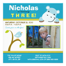 Aqua Custom Hippo & Birdie Birthday Party Invite