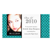 Aqua Damask Graduation Announcement Photo Cards