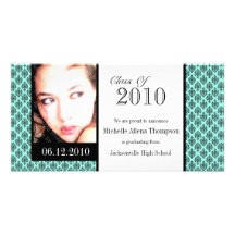 Aqua Damask Graduation Announcement Photo Cards