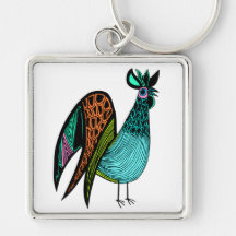 Aqua Folk Art Rooster Keychains