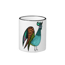 Aqua Folk Art Rooster Mugs
