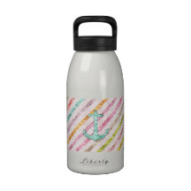 Aqua Glitter Nautical Anchor Girly Rainbow Stripes Reusable Water Bottles