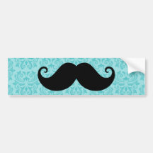 Aqua handlebar moustache on black damask pattern bumper sticker
