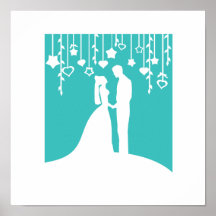 Aqua & White Bride and Groom Wedding Silhouettes Poster