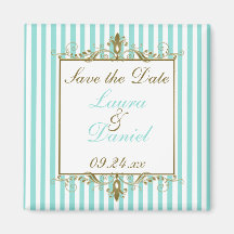 Aqua, White Stripes Gold Scrolls Save the Date Refrigerator Magnets