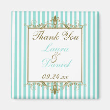 Aqua, White Stripes Gold Scrolls Wedding Favour Refrigerator Magnets