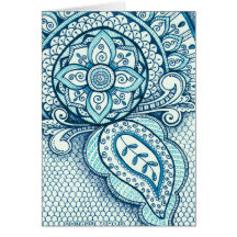 Aquamarine Blue Damask Indian Mandala Thank You Greeting Cards