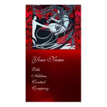 ART NOUVEAU PAN , RED BLACK WHITE DAMASK MONOGRAM BUSINESS CARD TEMPLATE