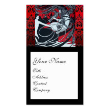 ART NOUVEAU PAN , RED BLACK WHITE DAMASK SQUARE BUSINESS CARD