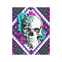 Aztec Rose skull on pixel pattern canvas art. canvas prints