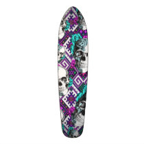 Aztec Rose skull on pixel pattern Skate deck. skateboards
