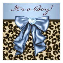 Baby Blue Brown Leopard Baby Boy Shower Custom Invites