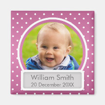 Baby Photo With Name & Date Polka Dot Pink Fridge Magnets
