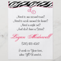 baby sitter flyer fun zebra print chic cute pink