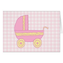 Baby Stroller. Pink and Yellow on Pink Check. Card