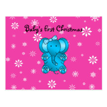 Baby's first christmas elephant pink snowflakes postcard