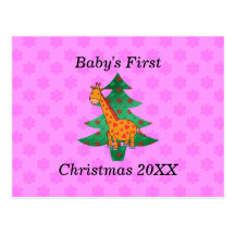 Baby's first christmas giraffe pink snowflakes postcards