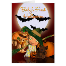 Baby's First Halloween with bats and pumpkins Greeting Cards