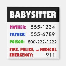 Babysitter Emergency Phone Numbers magnet