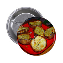 Baked Potatoes on red plastic plate Pinback Button