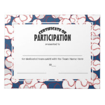 Baseball Certificates of Participation Memo Pads