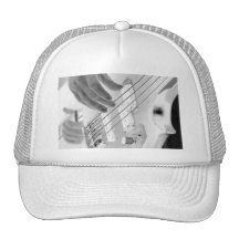 Bass player , bass and hand, negative image mesh hat