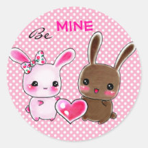 Be mine - cute bunnies round stickers