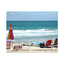beach chairs surfboards umbrellas sand ocean sm canvas prints