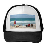beach chairs surfboards umbrellas sand ocean sm mesh hat