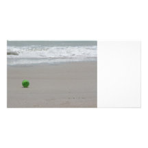Beach, sand, waves, and green bucket photo greeting card