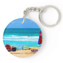 beach scene painterly chairs surfboards umbrellas key chains