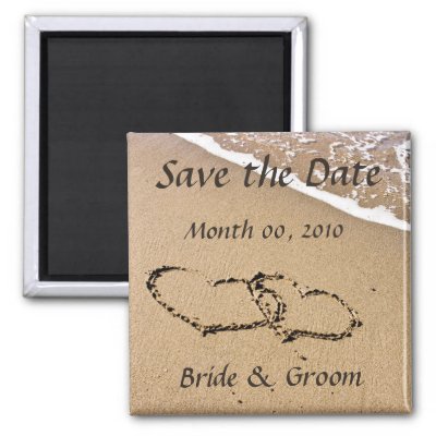 Beach Wedding Save the Date magnets with two hearts drawn in the sand