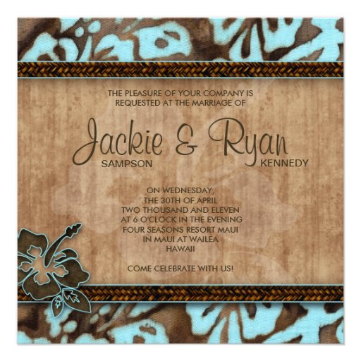 Beach Wedding Invitation Hibiscus Blue Brown