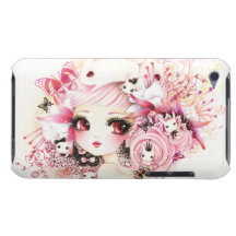 Beautiful anime girl with cute bunnies and flowers barely there iPod case