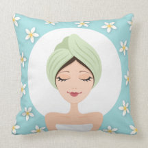 Beauty salon or spa woman wrapped towel aqua blue throw pillow
