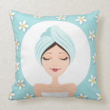 Beauty salon or spa woman wrapped towel aqua blue pillow