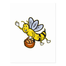 Bee Carrying Basket Bread Loaf Cartoon Postcards