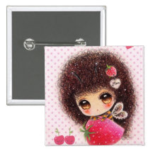 Bee girl with kawaii strawberry pinback buttons